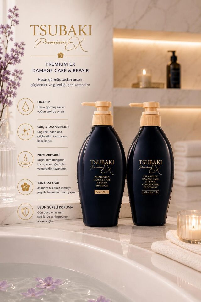 Tsubaki Premium EX Damage Care & Repair Şampuan 450 ml + Saç Kremi 450 ml Seti