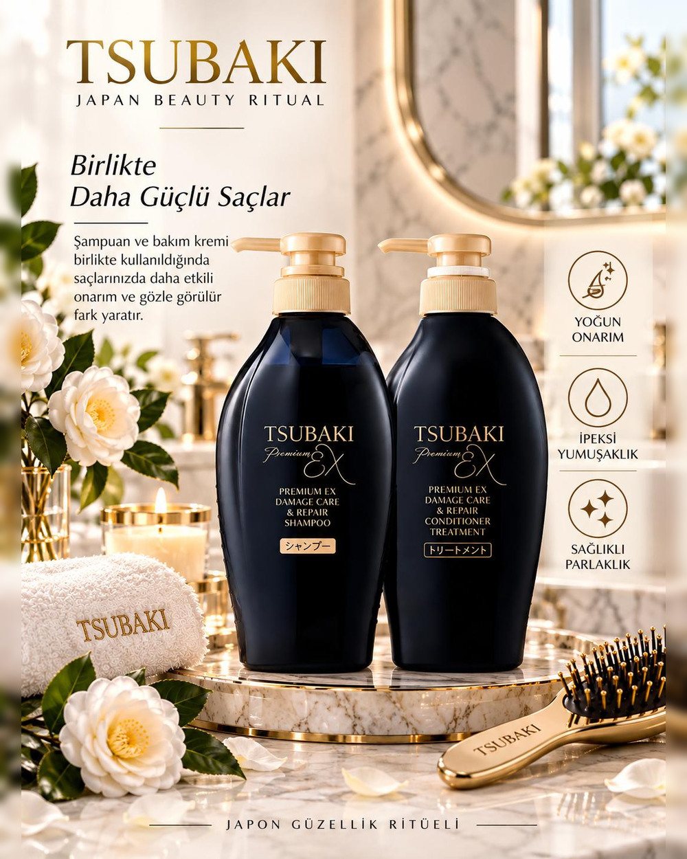TSUBAKI Premium EX Damage Care & Repair şampuan ve saç kremi birlikte