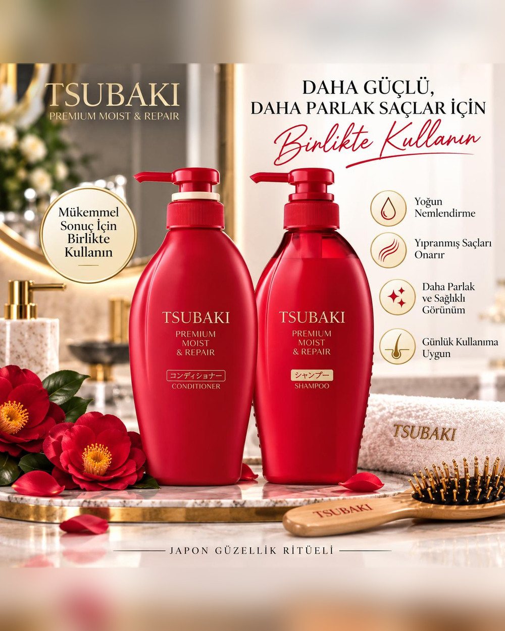 TSUBAKI Premium Moist & Repair şampuan ve saç kremi birlikte
