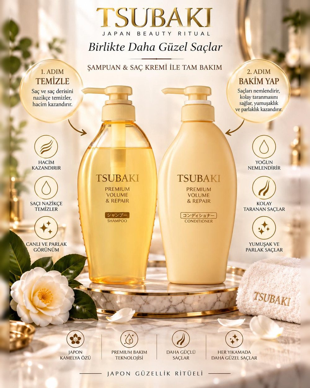 TSUBAKI Premium Volume & Repair şampuan ve saç kremi birlikte